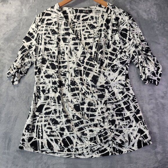 Style and Co Womens Petite XL Abstract Print Roll Tab Sleeve Blouse Black White - Picture 1 of 8